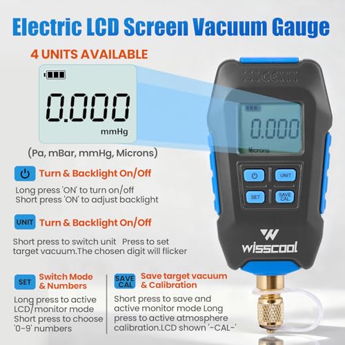 WISSCOOL Digital Micron Vacuum Gauge, Digital Pressure Tester Meter HVAC - color: Blue-V9