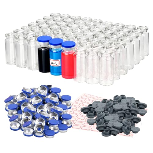 100 Pack 10ml Glass Vials Clear Glass Headspace Vial with Plastic-Aluminum Flip Caps, Rubber Stoppers and Label Papers, Small Glass Lab Vials - size: 10m-100pcs