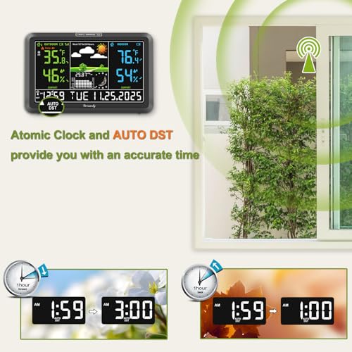 DreamSky Weather Station Indoor Outdoor Thermometer Wireless, Atomic Clock - color: Black with 2 sensors