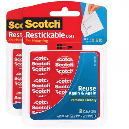Scotch Restickable Dots, 7/8-in, Clear Double-Sided Mounting Pre-Cut Dots, Remove Cleanly, Mount Objects on Stainless Steel, Plastic, Photo-Safe Adhesive, Mess-Free Application 18 Count (Pack of 2) - size: 7/8" Dots (Pack of 2), style: 18 Count