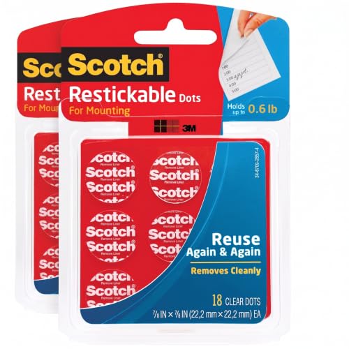 Scotch Restickable Dots, 7/8-in, Clear Double-Sided Mounting Pre-Cut Dots, Remove Cleanly, Mount Objects on Stainless Steel, Plastic, Photo-Safe Adhesive, Mess-Free Application 18 Count (Pack of 2) - size: 7/8" Dots (Pack of 2), style: 18 Count
