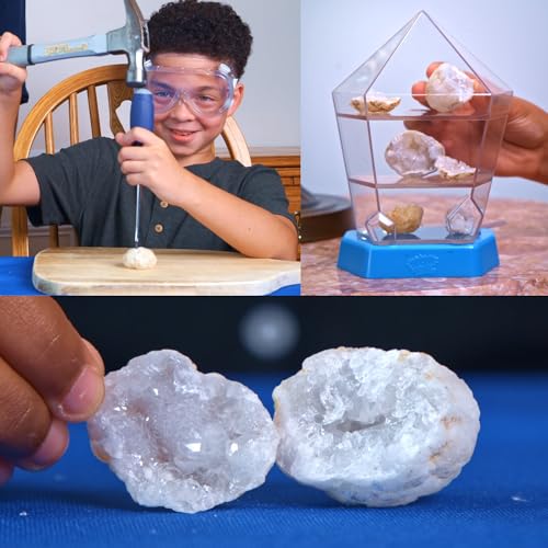 Wow in The World – 10 Real Break-Open Crystal Geodes with Display Case – Bonus Goggles & Magnifying Glass, Companion Audio Content, STEM Toy for Boys & Girls 6+ by Thames & Kosmos