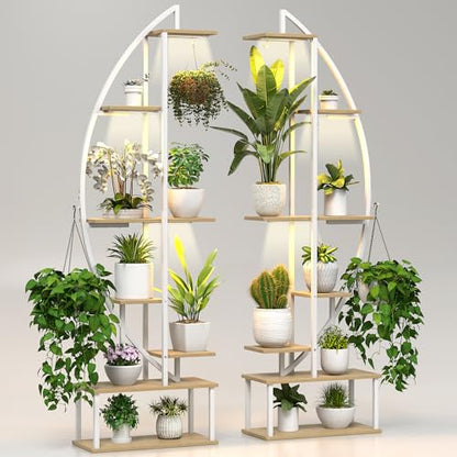 Plant Stand Indoor with 6 Grow Light, 65" Tall 7 Tier White Half Moon Shelf - color: Light Brown Board White Metal 7 Tier 2 Pack
