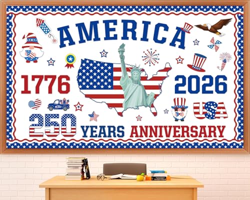 USA 250th Anniversary Bulletin Board Set 1776-2026 Patriotic Classroom Decorations 250th Anniversary Patriotic Paper Cutouts for 4th of July Independence Day Home Chalkboard Door Wall Decor - style: USA 250th