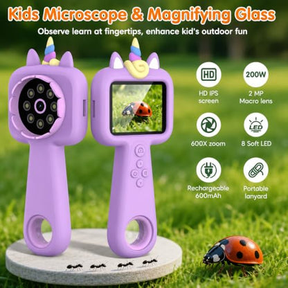 Kids Microscope, 2.4" Screen Handheld Digital Microscope 600X with 4K Camera & 8 LED Lights, Portable Pocket Microscope for Bugs Plants Nature Exploration, STEM Science Toy Gift Ages 3-12（Purple） - color: Purple