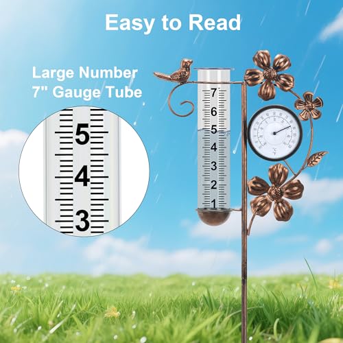 shumi Rain Gauge Outdoor with Thermometer, Decorative Bird Rain Gauge - color: Copper-thermometer