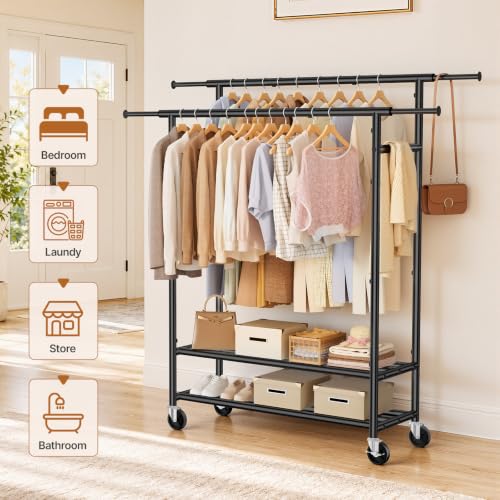 Heavy Duty Clothes Rack, Double Rod Garment Storage Organizer, Black - color: Black