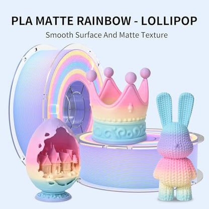 RAMBERY Matte Rainbow 3D Printer Filament Matte PLA Filament Multi-Color Change 3D Printing Filament, 1.75mm 1kg(2.2lb), Lollipop Blue Purple Pink Yellow Green - color: Matte Rainbow Lollipop, size: 1KG