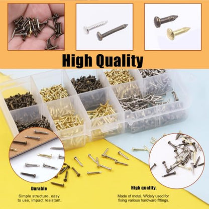 Tanstic 1600Pcs Small Tiny Nails Kit, 6mm, 8mm, 10mm Tiny Wooden Nails for Wooden DIY Decorative Pictures Mini Boxes Household Accessories (Gold/Bronze/Silver)