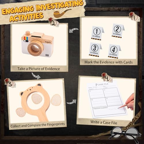 Spy Kit for Kids Detective Outfit Fingerprint Toys for 5 6 7 8 9 10 Year Old with Hat,Wooden Magnifying Glass and Detective Tools,Secret Agent Investigation Science Set,Spy Costumes for Kids 8-12