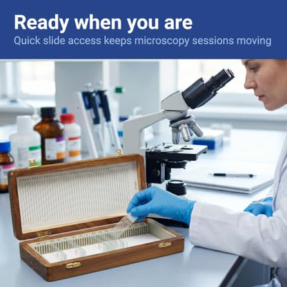 United Scientific™ Wooden Microscope Slide Box, 50 Slots with Hinged Lid