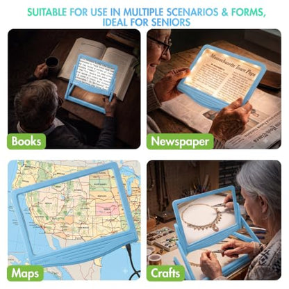 MAGNIPROS 5X LED Page Magnifying Glass, Detachable Stand, 3 Color Modes - color: Blue