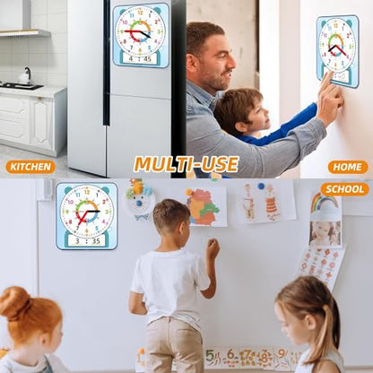 ANCOMEDO 2 Pack Magnetic Writable Dry Erase Teaching Clock, Large 12" Teaching Demonstration Clock for Kids Learning Time with Cute Style for Home School Classroom Supplies(12" x 11") - style: Cute-2pack