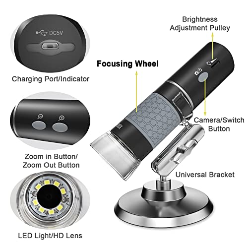 4K 3840x2160P Wireless Digital Microscope, Handheld HD USB Inspection Camera Endoscope 50x-1000x Magnification, Compatible with iPhone iPad Android Phone Tablet Windows Mac (with Stand)