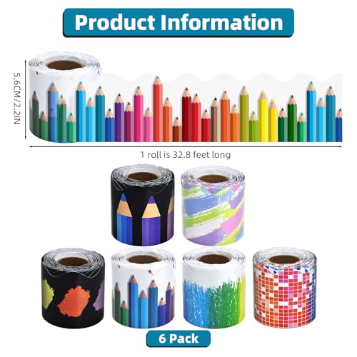 6 Rolls 196.8 Ft Decorative Crayon Border Set for Bulletin Board – Colorful Classroom Trim – Crayon, Pencil & Rainbow for Teachers, Schools & Office Decor -Perfect for Birthday, Back to School Theme - style: Crayon Style