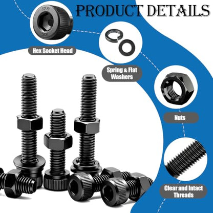 mxuteuk 2000PCS Metric Screw Assortment Kit,M6 M5 M4 M3 M2 Machine Screws,12.9 Carbon Steel Black Zinc Plated Hex Socket Head Cap Bolts Nuts and Washers Kit for 3D Printing DIY - size: 2000PCS M2-M6