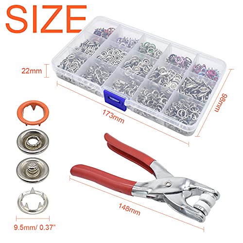 200 Sets Metal Snaps Fasteners Kit 9.5mm 10 Colors Metal Prong Ring Button with Fastener Pliers Press Tool for Sewing and Crafting