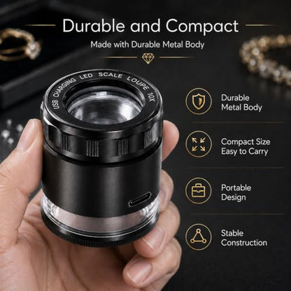 10X Rechargeable Jewelers Loupe Magnifier with LED Light & Detachable Reticle Scale, 25mm Field of View, Adjustable Focus Scale Loupe Jewelry Magnifying Glass for Gems, Coins, Watches, Close Work - color: 1 Glass Reticle Scale
