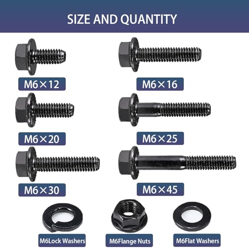 180Pcs M6 Metric Flange Bolt Assortment, M6x1.0, (12mm to 45mm) Assorted Hex Bolts and Nuts Washers Kit for Automotive, 10.9 Black Zinc Galvanized - size: M6 KIT