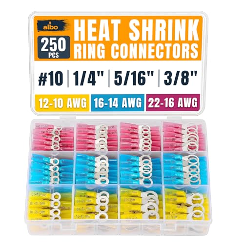 ALBO 250PCS Heat Shrink Ring Terminal Kit – Wire Terminal Connectors Assortment for 22-10 AWG, Waterproof Electrical Connectors Set – Tinned Copper Electrical Ring Terminals - color: Set AWG 22-10 250 pcs