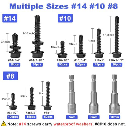 #8#10#14 470Pcs Self Drilling Screws for Metal, Hakkin Self Tapping Tek Screw Assortment Kit, Black Oxide 410 Stainless Steel Sheet Metal Screws Hex Washer Head 1/2" 3/4" 1" 1-1/2", Socket Included - size: M. #8#10#14