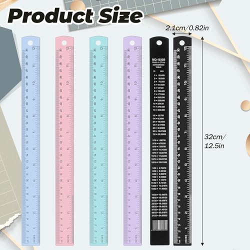 5 Pack Metal Ruler 12 Inch, Stainless Steel Ruler Kit with Centimeters, Millimeters, Inches and Conversion Table for Office and School, Easy to Read Metric Rule Set