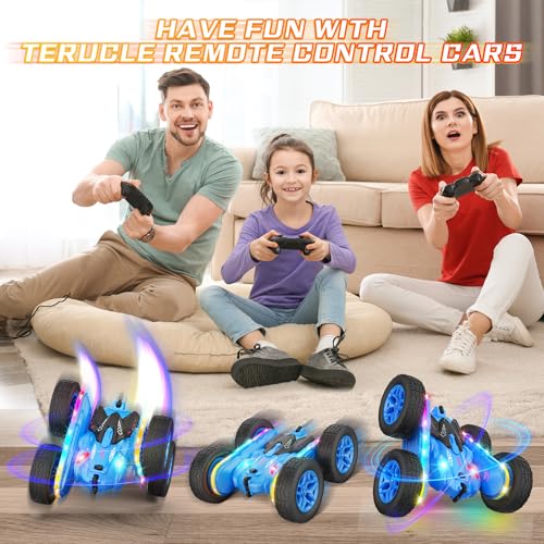 Terucle Remote Control Car, Rc Cars Stunt Toys New Upgraded Strip Lights and Headlights Toys Double-Sided 360° Rotating 4WD Drift Truck for Boys Girls Birthday Gift (Blue) - color: Blue