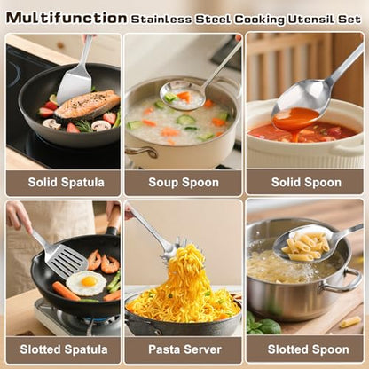6 Pcs Cooking Utensils Set, Stainless Steel Kitchen Utensils, Heat Resistant Metal Kitchen Tools Include Solid & Slotted Turner Wok Spatula, Serving Spoon, Ladle, Pasta Server, Easy to Clean, Silver - color: D. 6 Pieces