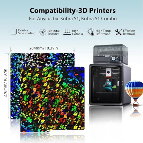 IdeaFormer-3D Confetti PEF+Galaxy PEY Holographic Kobra S1 X Build Plate 264x276mm, Rainbow PEF PEY Spring Steel Bed Plate Flexible Smooth Sheet for Anycubic Kobra S1, X, Combo - color: PEF PEY (Rainbow Confetti+Galaxy)