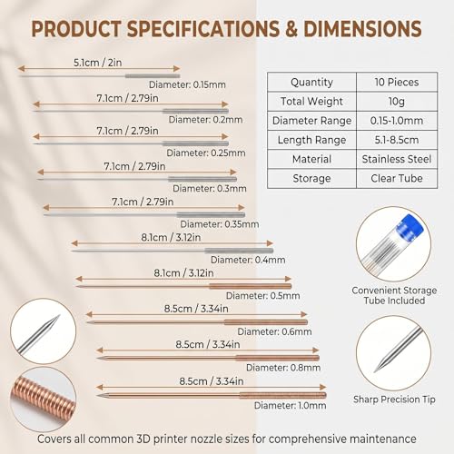 10 Pcs 3D Printer Nozzle Cleaning Needles Kit with Clear Storage Tube, Stainless Steel Nozzle Unclogger, 10 Sizes 0.15-1.0mm, for 3D Printer Extruders, Welding Tips & Small Parts Cleaning Tools
