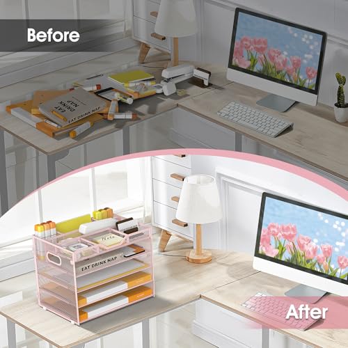 5 Tier Paper Letter Tray Desk Organizer with Pen Holders - Pink - color: 5 Tier-Pink, size: 12.5" x 9.1" x 10.3"