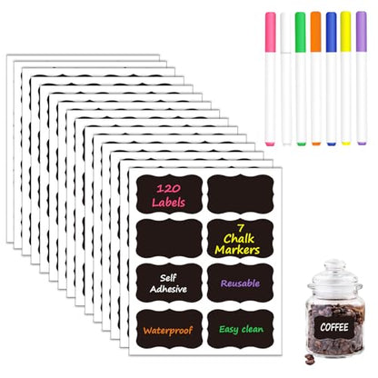 HERDIN Wavy Chalkboard Label Stickers, 120-Pc Set with 7 Markers