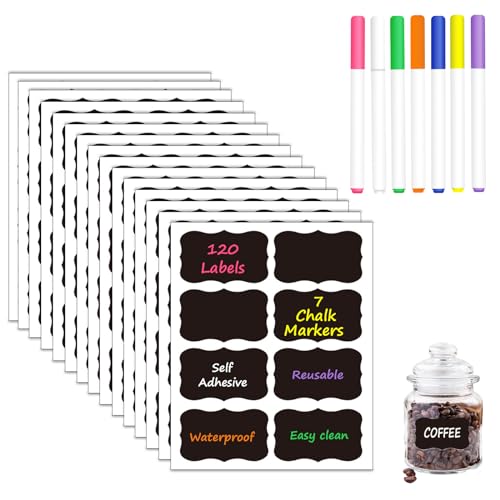 HERDIN Wavy Chalkboard Label Stickers, 120-Pc Set with 7 Markers