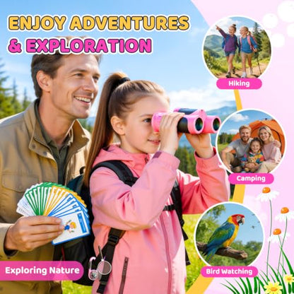 8x21 Kids Binoculars with 25 Scavenger Hunt Cards|Compass|Magnifying Glass, 3-12 Year Old Girls Birthday Gift Outdoor Explorer Kit for Girl Kid Ages 4-6-8-12 STEM Camping Toy Bird Watching Hiking - color: Pink