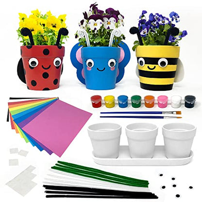 Pinwheel Crafts Flower Pot Painting Kit – DIY Flower Pots to Paint for Kids with 8 Paints, 2 Brushes, 3 Pots & 6 Googly Eyes, Gardening Kit for Kids Ages 8-12+, Kid Planting Crafts Set Birthday Gift - style: Painting Kit