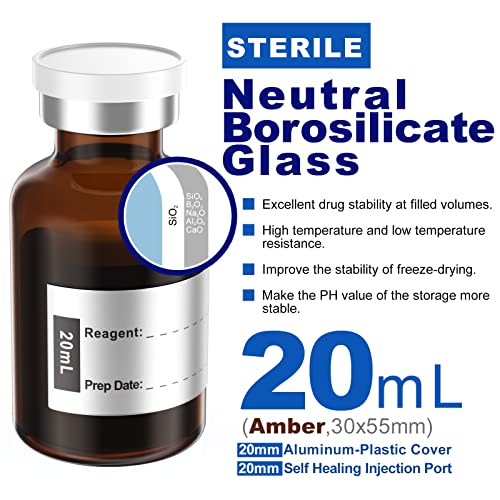 Biomed Solutions Empty Sterile Vial Sealed with Butyl Rubber Stopper and Flip Top Closure,Type 1 Borosilicate Glass Tubing,Individually Packed (20mL 8Pcs (Amber)) - size: 20mL 8Pcs (Amber)