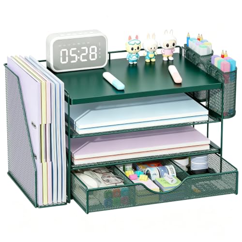 gianotter Desk Organizers and Accessories with File Holder, 4-Tier Desk Accessories & Workspace Organizers with Drawer and 2 Pen Holder, Desk Reference Organizer (Green, 4T with Metal Drawer) - color: Green