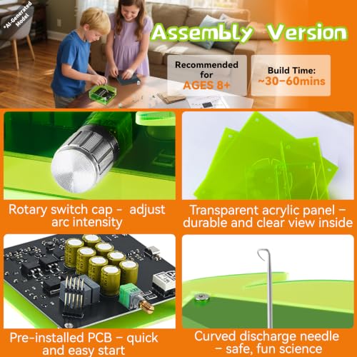 eUda+ STEM Tesla Lightning Kit for Kids&Adults 8-10 11-17 18+ Stem Toys for Ages 8-13 Teen Gift for Boys Girls 13-17 Science Kit for Kids 12-16 Build Your Own Tesla Coil Kit (Assembly Version, FWFB)