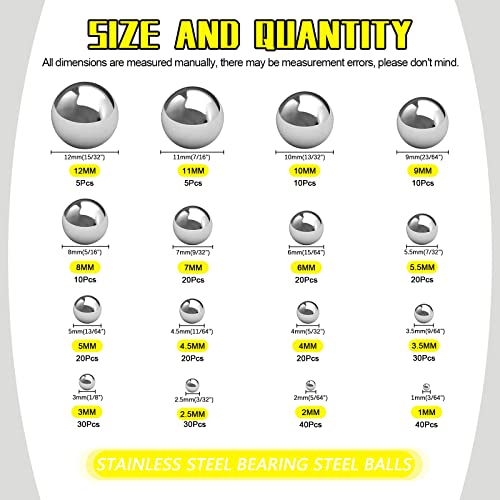 330Pcs 16 Sizes Metric Precision Bearing Steel Ball Assortment Kit- 1mm 2mm, 2.5mm, 3mm, 3.5mm, 4mm, 4.5mm, 5mm, 5.5mm, 6mm, 7mm, 8mm, 9mm, 10mm, 11mm, 12mm - color: bearing steel, size: Metric 16Size