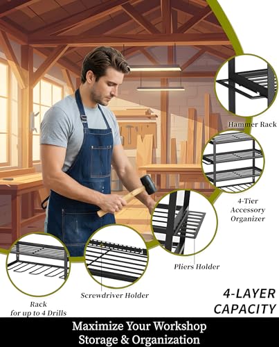 Power Tool Organizer Wall Mount | 4-Tier Rack for 4 Drills