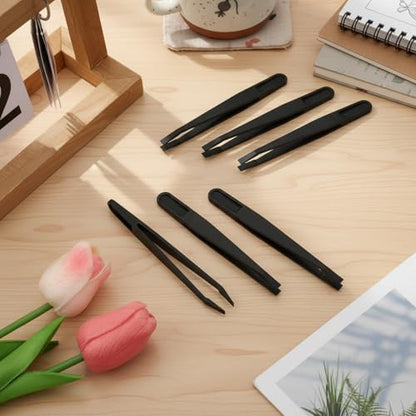 6 PCS Plastic Tweezers for Crafts, 4.7 Inch Slant Flat Tip Anti-Static Tweezers High Precision Industrial Tweezer for Making Repairing Crafts Electronic Tool, Black