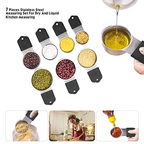 Magnetic Measuring Cups Set, 7 Pieces 18/8 Stainless Steel Stackable Nesting Heavy Duty Metal Measure Cups, Silicone Handle kitchen Tools for Dry and Liquid Ingredients, Dishwasher Safe (Black） - color: Black-7