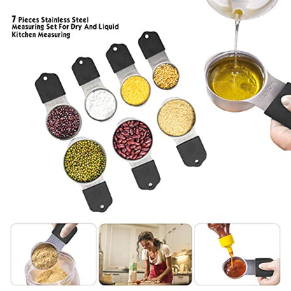 Magnetic Measuring Cups Set, 7 Pieces 18/8 Stainless Steel Stackable Nesting Heavy Duty Metal Measure Cups, Silicone Handle kitchen Tools for Dry and Liquid Ingredients, Dishwasher Safe (Black） - color: Black-7