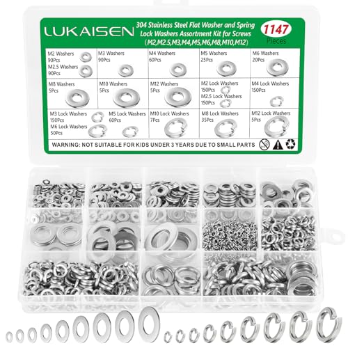 1147PCS Flat and Spring Lock Washers Assortment Kit, Metric Split Lock Washers for Screws Bolts, 304 Stainless Steel, 9 Sizes-M2 M2.5 M3 M4 M5 M6 M8 M10 M12 for Home, Factories, Kitchens, Shops