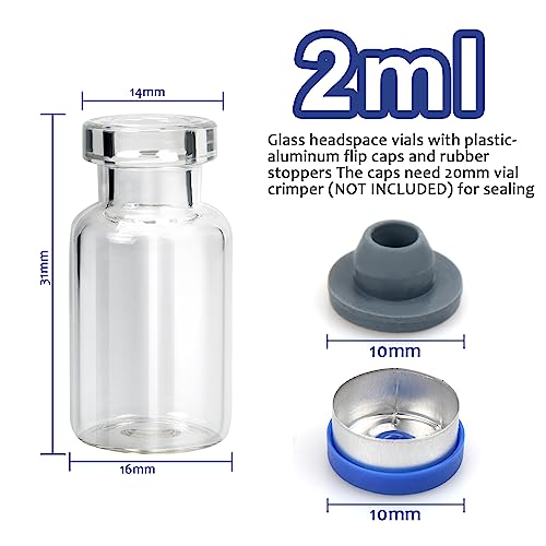 100 Pack Glass Vials Clear Glass Headspace Vial with Plastic-Aluminum Flip Caps, Rubber Stoppers and Label Papers, Small Glass Lab Vials 2ml - size: 2ml-100pcs