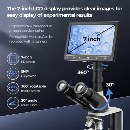 [Dual Power Supply] Vabiooth Lab Compound Trinocular Microscopes 40X-2500X Magnification with 7" LCD Replaceable Split Screen 5MP E-Eyepiece, Two-Layer Mechanical Stage,20mm Ultra Wide-Field Eyepieces - style: 7" Screen Trinocular