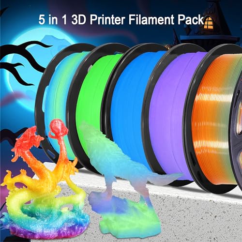1.75mm PLA 3D Printer Filament Bundle: Glow in Dark Green, Blue, Purple, Rainbow, One Spool Clear Multi Colored Rainbow, Each Spool 250g, Total 1.25Kg 3D Printing Filament, 250g x 5 Spools PLA