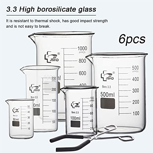 6PCS Glass Measuring Beaker Set with Steel Chromed Beaker Tongs, 50ml 100ml 250ml 500ml 1000ml Graduated Beakers, 3.3 Borosilicate Glass - size: 50ml 100ml 250ml 500ml 1000ml, style: Beakers+Tongs