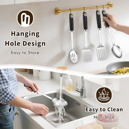 4 Pcs Cooking Utensils Set, Stainless Steel Kitchen Utensils, Heat Resistant Metal Kitchen Tools Include Solid & Slotted Turner Wok Spatula, Serving Spoon, Ergonomic Handle, Easy to Clean, Silver - color: C. 4 Pieces