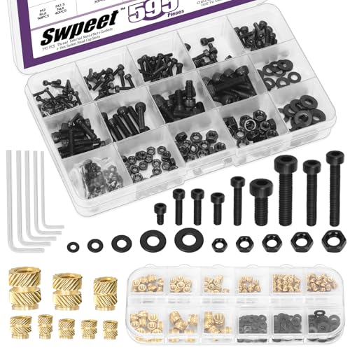 Swpeet 595Pcs M2 M2.5 M3 M4 M5 12.9 Alloy Steel Hex Socket Screws and Brass Threaded Inserts with Nuts Washers Wrench Assortment Kit, Black Zinc Plated Hex Socket Screws Nuts Washers - style: N1